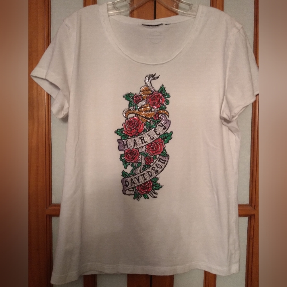 Women's Vintage Y2K White Harley Davidson T Shirt With Floral Rhinestones,Sz L